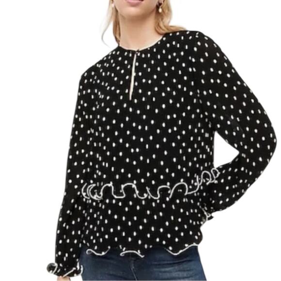 NWT J.Crew Womens Ruffle-trim Pleated Peplum Top L Black White Polka Dot AI032 - Picture 1 of 7
